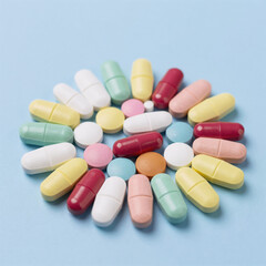Medicine tablets arranged on a soft blue background