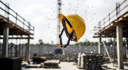 Dynamic shot of a yellow construction hard hat splashing through water droplets against a blurred active building site background, symbolizing workplace safety and industrial protection.