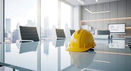 Yellow Hard Hat on Modern Office Conference Table with City View, Symbolizing Construction, Engineering, and Architectural Planning & Safety in a Corporate Setting.