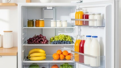 Fridge Full of Freshness: The open refrigerator reveals a vibrant assortment of fresh fruits, juice, and other food items, suggesting a healthy lifestyle and the pleasure of culinary preparation.