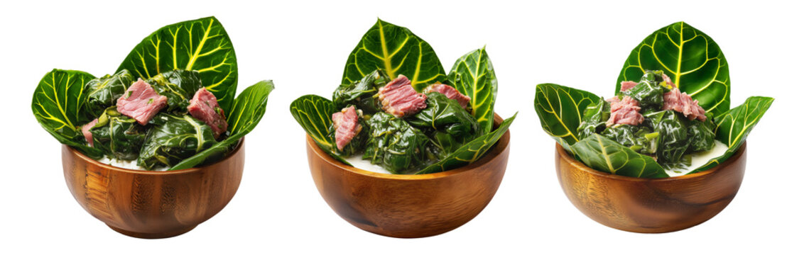 Lu Pulu corned beef cooked in coconut milk in taro leaves in wooden bowl, isolated on white background, concept of Polynesian food