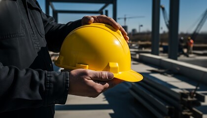 Close-up of a construction worker or engineer holding a yellow hard hat, symbolizing safety and protection on an active building site with steel structures and a crane under a clear blue sky.