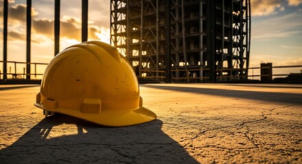 Yellow Hard Hat on Construction Site Ground at Golden Sunset: Symbol of Safety, Industry, and Progress with Building Structure Silhouette