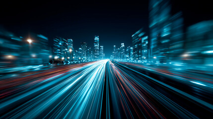 Obraz premium Blazing fiber optic superhighway streaking toward futuristic cityscape conveying ultra fast urban connectivity