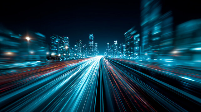 Blazing fiber optic superhighway streaking toward futuristic cityscape conveying ultra fast urban connectivity