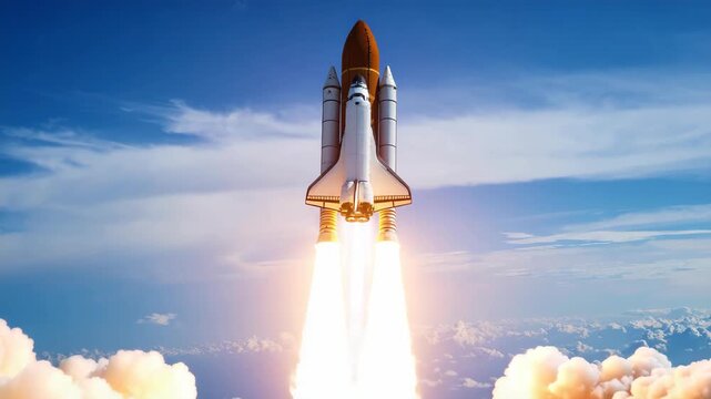 Space shuttle launching into blue sky with clouds and fiery exhaust