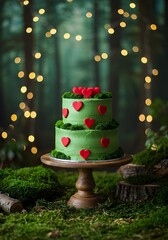 Green Moss Cake With Red Hearts, Forest Setting, and Warm Fairy Lights on Wooden Cake Stand