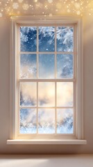 Obraz premium A cozy window scene showcasing a snowy landscape outside, with decorative snowflakes and a soft, warm ambiance.