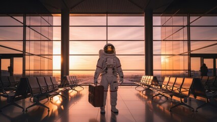 Fototapeta premium Astronaut's Journey at Airport: An astronaut, suitcase in hand, stands confidently at the airport.