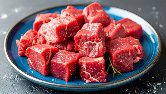 Fresh raw beef chunks cut into cubes on blue plate ready for cooking stew or roast. High protein red meat ingredient for healthy meal preparation