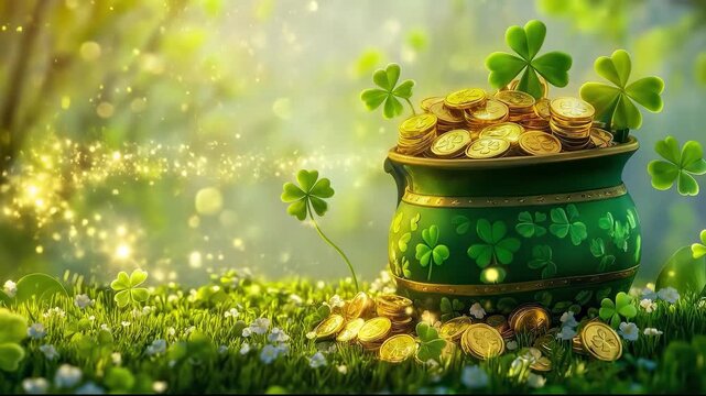 Pot of gold coins and shamrocks overflowing with irish luck