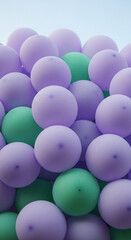 Close-up of many lavender and green balloons, creating a soft textured background, symbolizing celebration, joy, and festivity, ideal for party invitations or event promotions