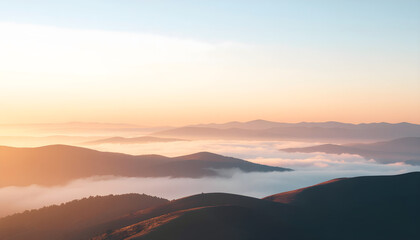 Tranquil misty mountains with warm pastel sky
