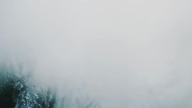 Delicate frost crystals creating intricate natural patterns on a frozen window surface, with light softly illuminating the icy textures and cold elements