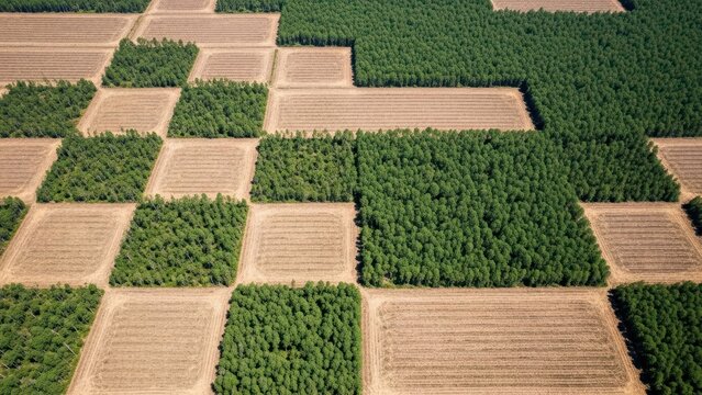 Aerial view of patchwork forest and fields: symmetrical agricultural and woodland patterns in rural landscape