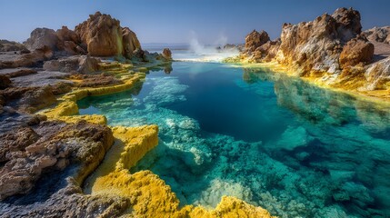 Obraz premium Surreal landscape of geothermal pools featuring vibrant yellow sulfur deposits and turquoise water with steam rising from active vents.