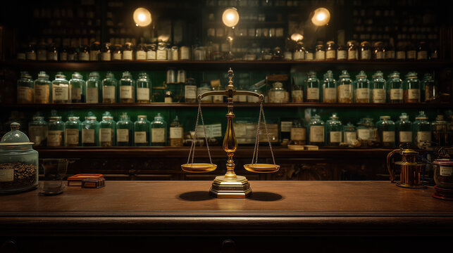 Antique brass scales in vintage apothecary with glass jars