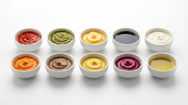 Set of porcelain bowls with various sauces for meals
