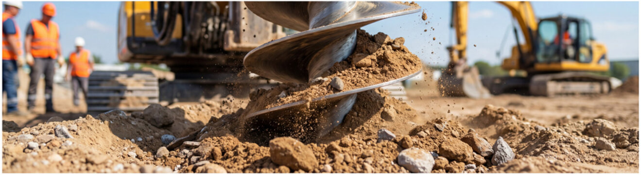 Drilling machine with large auger bit excavating dirt and rocks from ground. Extraction of underground material for geotechnical analysis and foundation assessment. Soil sampling during pile drilling.