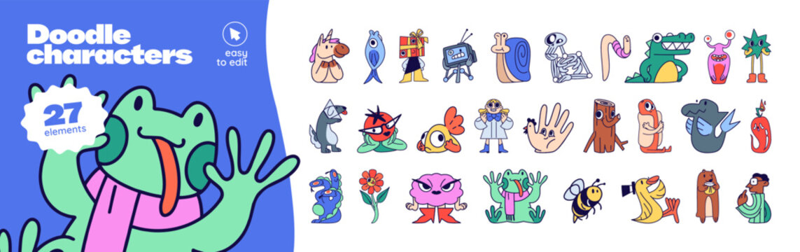 Set of doodle characters. Abstract groovy animals and geometric shapes, funky food and aliens. Child imagination: cute fish, funny frog, happy skeleton. Flat isolated vector illustrations on white