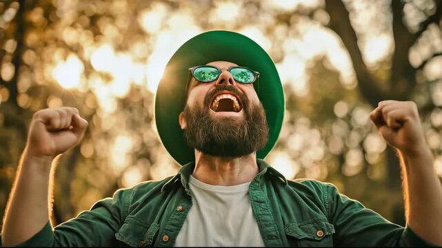 Happy bearded man celebrating saint patrick's day wearing green hat and sunglasses