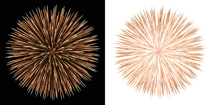 Festive fireworks blast overlay in golden hues, 4th July, New Year's Eve, Christmas, wedding, birthday party celebration holiday. Isolated cutout clipart on sample black background.