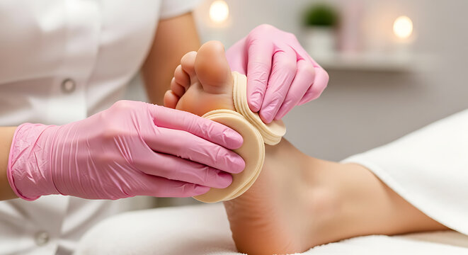 Spa therapist exfoliating client's foot with a pumice stone on a massage table in a serene environment