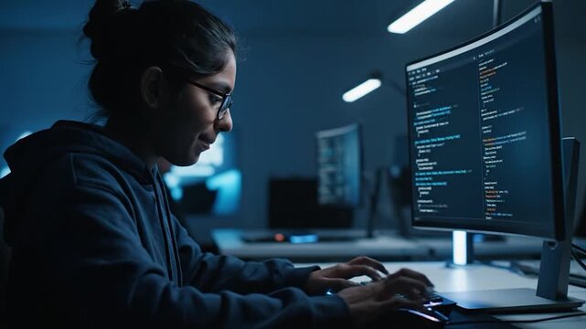 Young Indian female software engineer coding on computer, typing on keyboard and looking at screen with focus