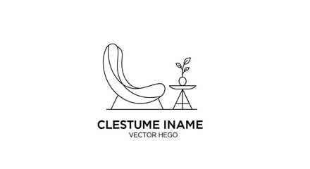 Fototapeta premium A minimalist line drawing of a modern chair and small side table with a plant on top, against a clean white background with a simple text logo.