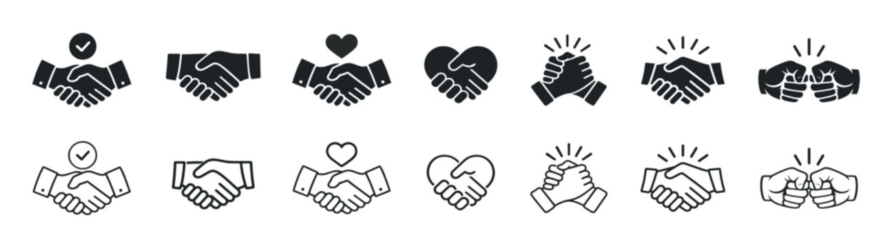 Handshake icon set, business agreement and partnership symbols, outline and solid vector illustration collection on transparent background