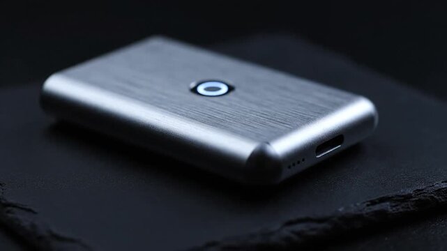 A short product video focuses on a sleek silver electronic device on a dark slate surface. The indicator light in the center slowly transitions from off to a glowing blue circle, highlighting the bru