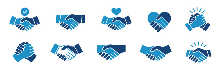 Fototapeta premium Handshake icon set, business agreement and partnership symbols with heart and checkmark, flat and outline vector illustration collection on transparent background
