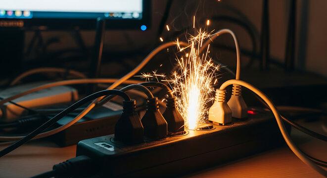 Sparking electrical outlet on a cluttered desk with tangled wires and sparks flying around in a dimly lit office environment viewed from the side