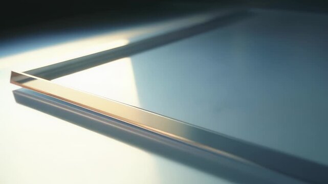 Clear glass or acrylic sheets are stacked in a close up detail, creating a layered effect with crisp edges reflecting light and shadows on the transparent surfaces