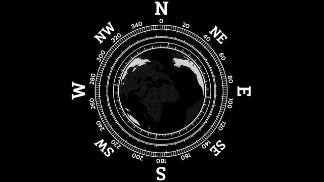Animation digital Dotted Planet Earth globe with world map. Nautical compass HUD interface. Navigation elements on black alpha channel. Seamless loop global positioning, marine tech, and science.