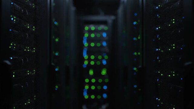 A prolonged shot moves down a dark data center corridor lined with server racks. Flashing blue and green LED status lights create a high-tech, futuristic atmosphere of powerful computing and digital 