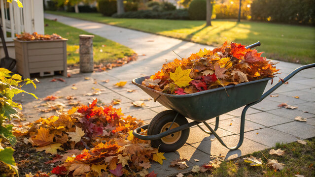 Fall leaves gathered in a wheelbarrow in a garden during afternoon light