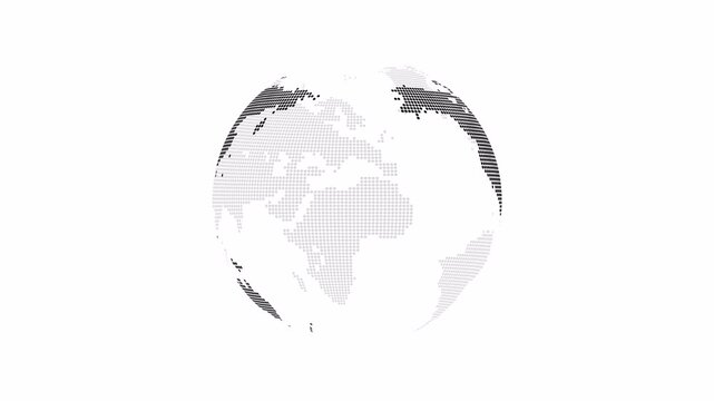 Minimalist 3D rotating Earth globe made of black dots on white background with alpha channel. Seamless loop of a digital world map for business, technology, and global communication concepts.