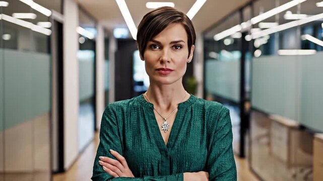 Confident businesswoman stands with arms crossed in a modern office hallway, exuding determination and leadership.