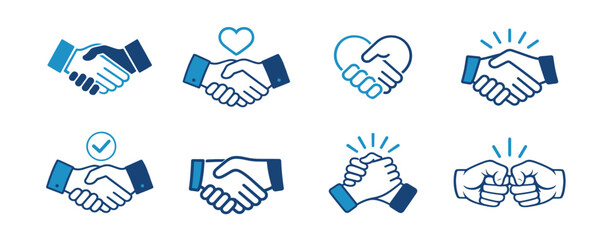 Set of business handshake and fist bump icons. Partnership agreement, teamwork and friendly greeting symbols on transparent background
