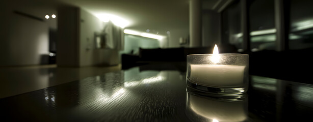 Single Candle in Glass Jar on Reflective Surface in Modern Minimalist Interior
