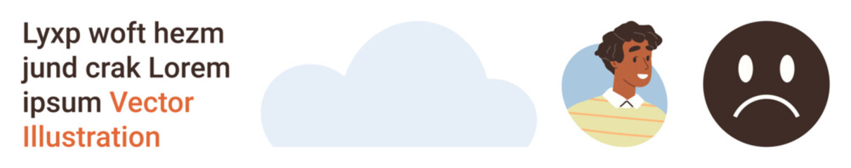 Fototapeta premium Communication services, virtual interactions, emotions, mental health, digital identity, and social platforms. Cloud, person profile and sad emoticon. Communication services and emotions conveyed