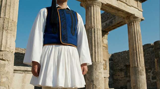 Man in Traditional Greek Fustanella Costume Standing Near Ancient Temple Ruins