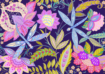 Fantasy flowers and dragonflies in retro, vintage, jacobean embroidery style. Seamless pattern, background. Vector illustration. © Elen  Lane