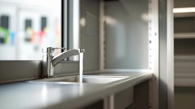 Medium shot of mobile sink in a modular exam pod sink detail sharply captured while the rest is softly blurred emphasizing hygiene flexibility.