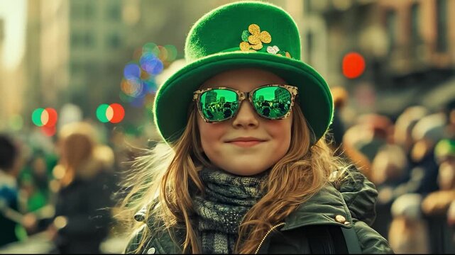Young girl wearing green hat and sunglasses celebrating saint patrick's day