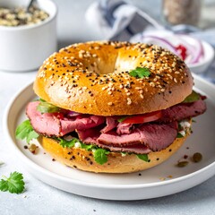 Freshly baked bagel with everything seasoning filled with tender sliced roast beef, served on white plate. Perfect for breakfast or lunch menu
