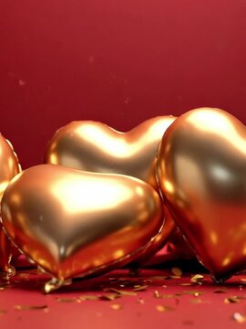 Golden confetti falling on red fabric, scattered glitter on floor, and metallic heart shaped balloons for celebration