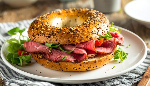 Freshly baked bagel with everything seasoning filled with tender sliced roast beef, served on white plate. Perfect for breakfast or lunch menu