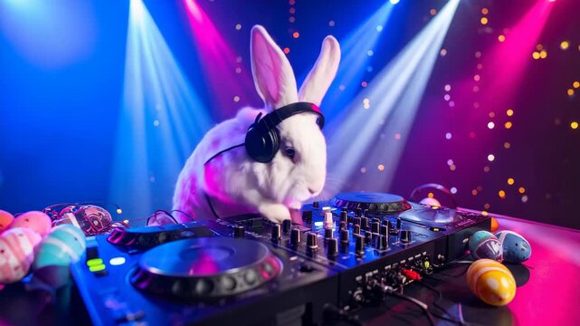 Rabbit DJ wearing headphones spins tunes on a turntable with Easter eggs